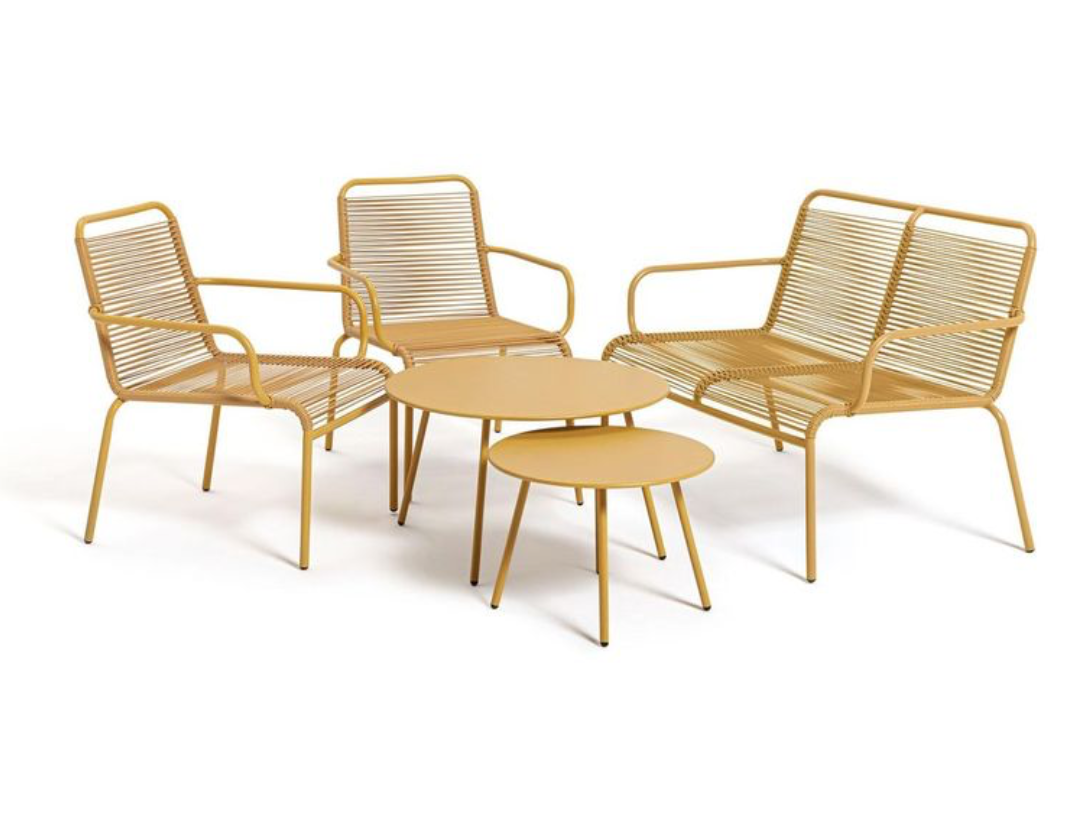 Powder coated yellow metal garden set with 2 seater bench, two occasional chairs and two side tables.