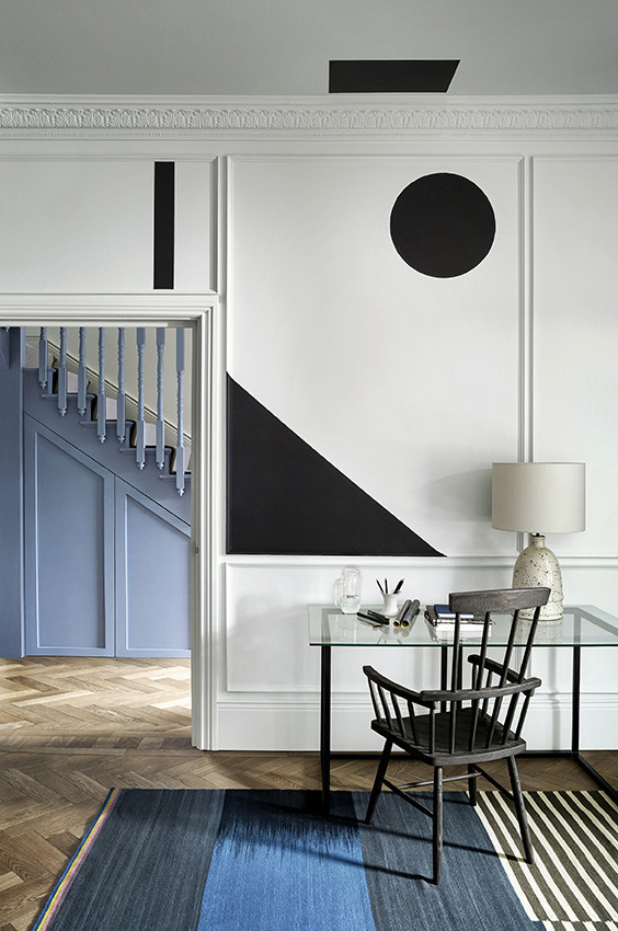 Monochrome modern home office with touches of powder blue.
