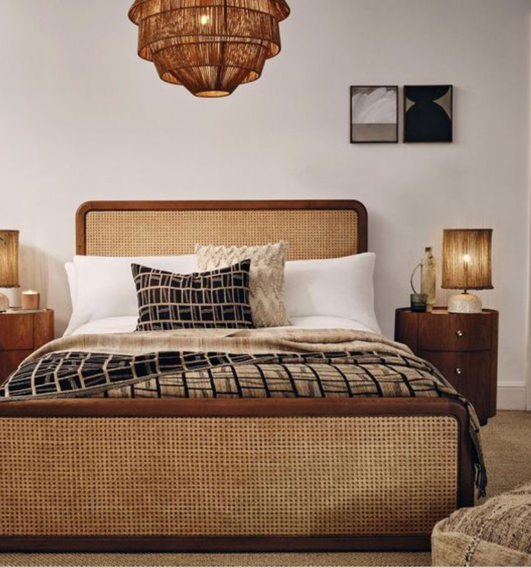 Soho home cane and oak bed ideal for a redo inspired luxe bedroom scheme.